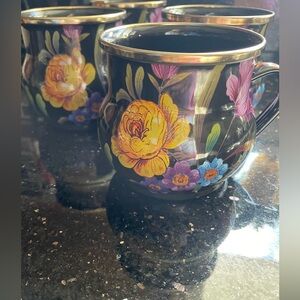 MacKenzie-Childs Black Mug with Yellow and Purple Floral Design (set of 4)